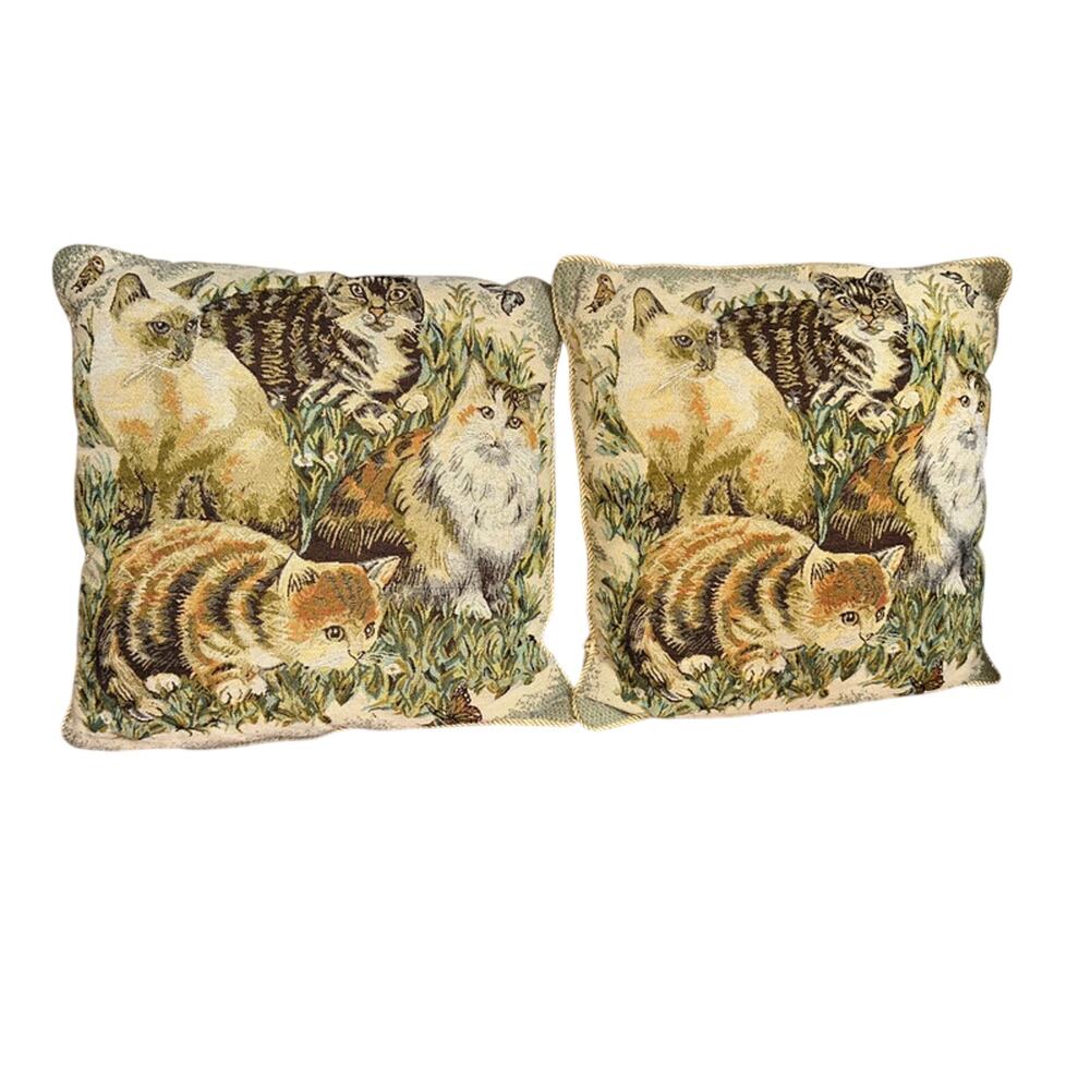 Vintage Set of 2 Cat Throw Pillow Cover Set Decor Kitty Cat Kitten
